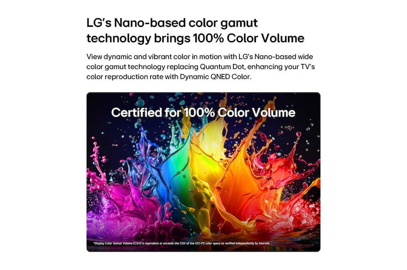 LG QNED AI QNED75 Mini LED with Dynamic QNED Color fills the screen with vivid, fluid bursts of multicolored, paint-like motion, showcasing enhanced color vibrancy certified for 100% Color Volume.